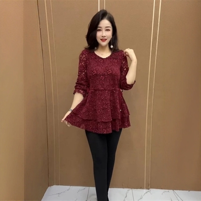 2025春季新款纯色抽绳蕾丝衫女宽松遮肚显瘦时尚百搭中长款打底衫