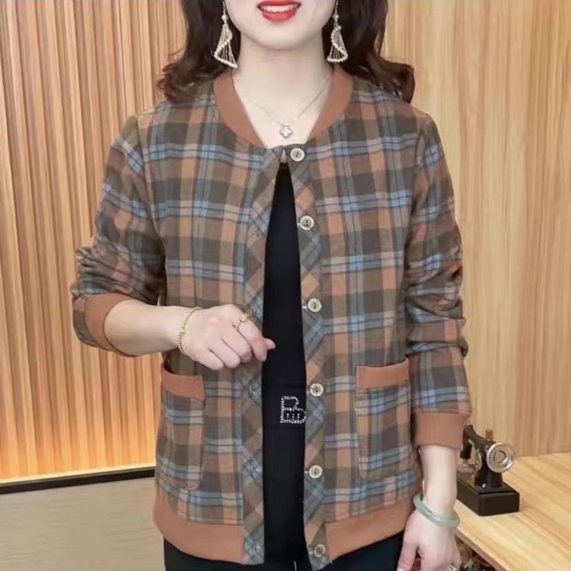中老年女装秋冬外套加绒格子棒球服2023新款妈妈装保暖上衣短款