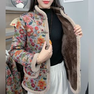 冬季新款妈妈加绒加厚棉衣棉服中老年碎花保暖时尚洋气外套棉袄女
