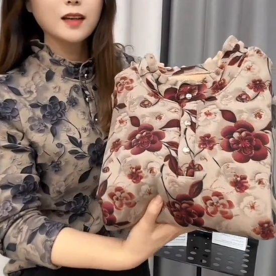 打底加绒加厚新款印花妈妈2024木耳领外穿显瘦洋气长袖T恤上衣小