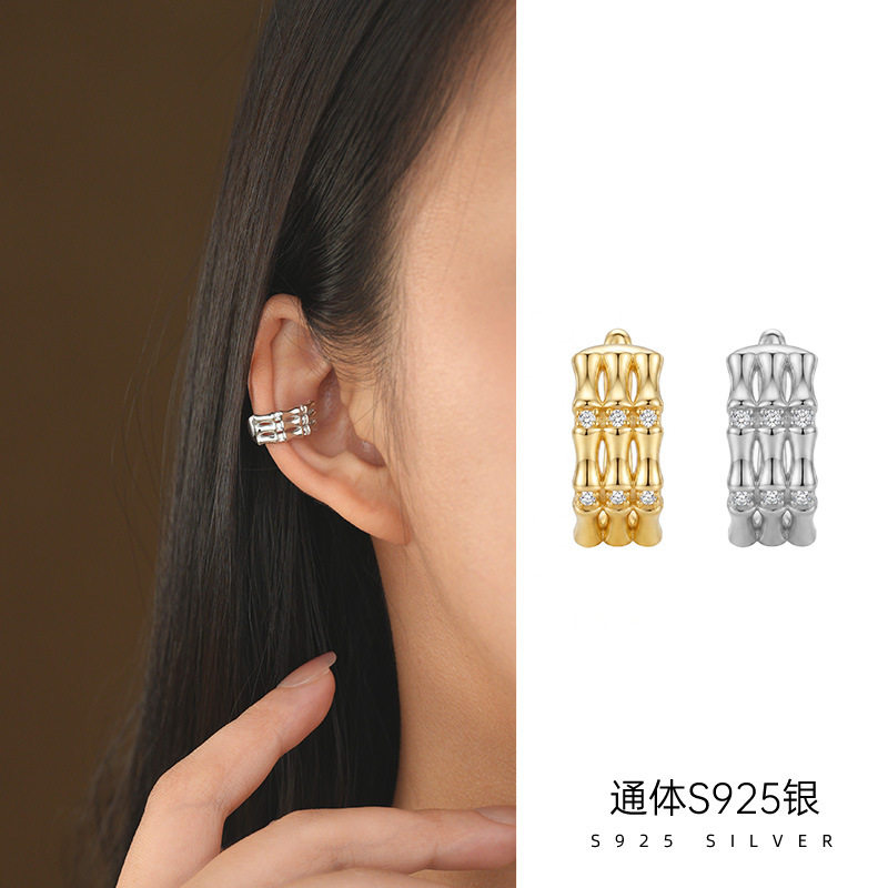 精品S925纯银时尚镀金色竹节耳骨夹女ins个性百搭气质饰品耳夹