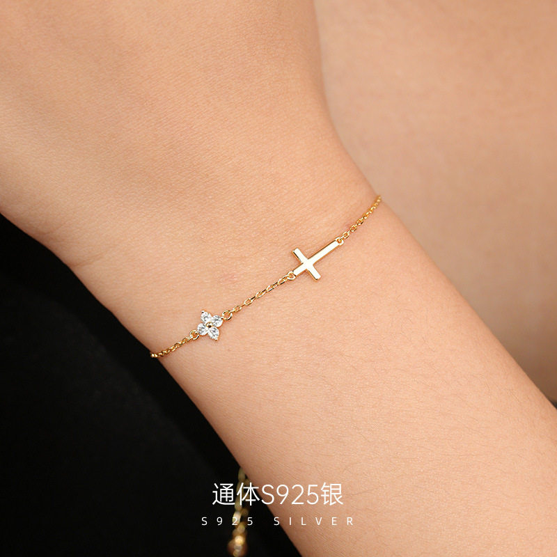 精品S925纯银精品热销四叶草十字架手链女欧美风ins个性手饰潮