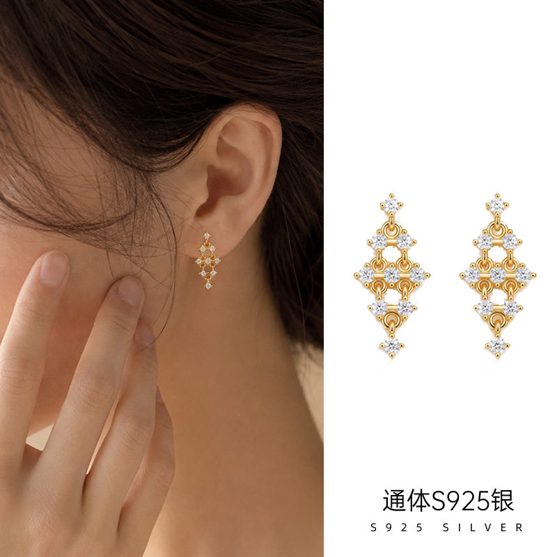 精品S925纯银镀14K金菱形满钻耳钉女日系轻奢精致耳饰品高级感