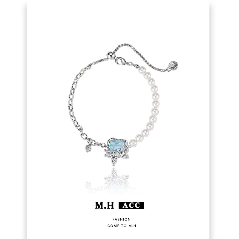 原创设计新款蓝色几何宝石蝴蝶手链女轻奢气质珍珠拼接高级感手饰