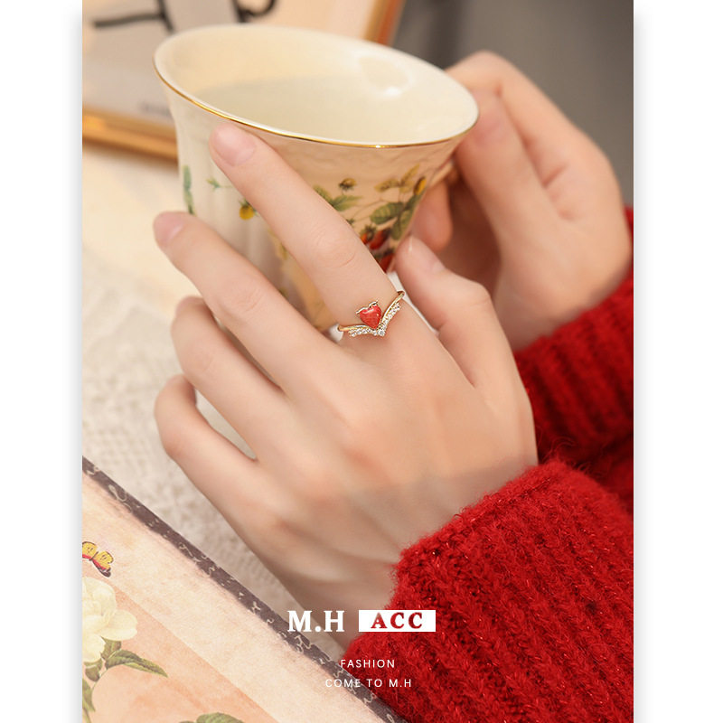 红色爱心锆石戒指女简约精致开口食指戒优雅时尚高级感指环