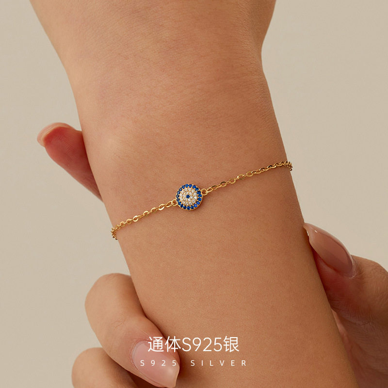 精品S925纯银精品恶魔之眼手链女土耳其时尚复古镀14K金手饰ins