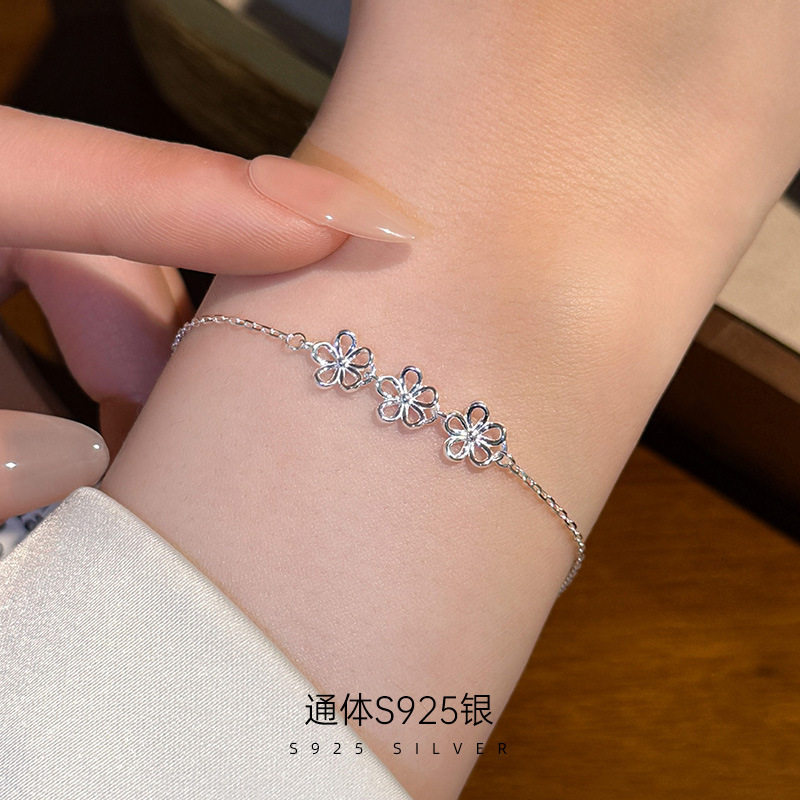 精品S925银韩国夏日小众银饰镂空花朵手链女小清新ins甜美手饰
