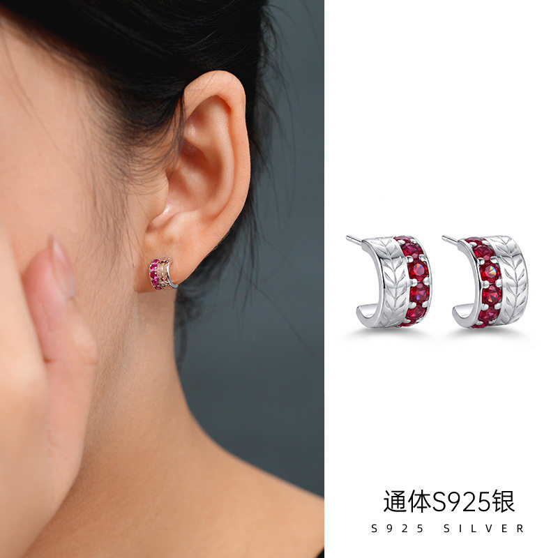 精品S925纯银复古麦穗红锆耳钉女时尚气质镀18K金耳饰银饰礼物