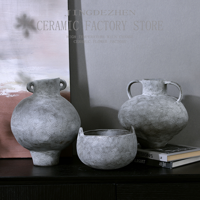 中式复古侘寂风粗陶陶罐花瓶摆件