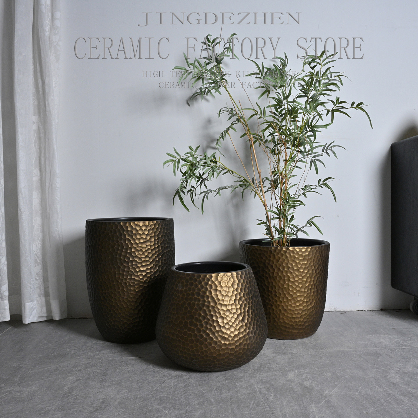 欧式复古轻奢落地陶瓷花盆锤纹金色高花瓶客厅阳台庭院通用植物盆