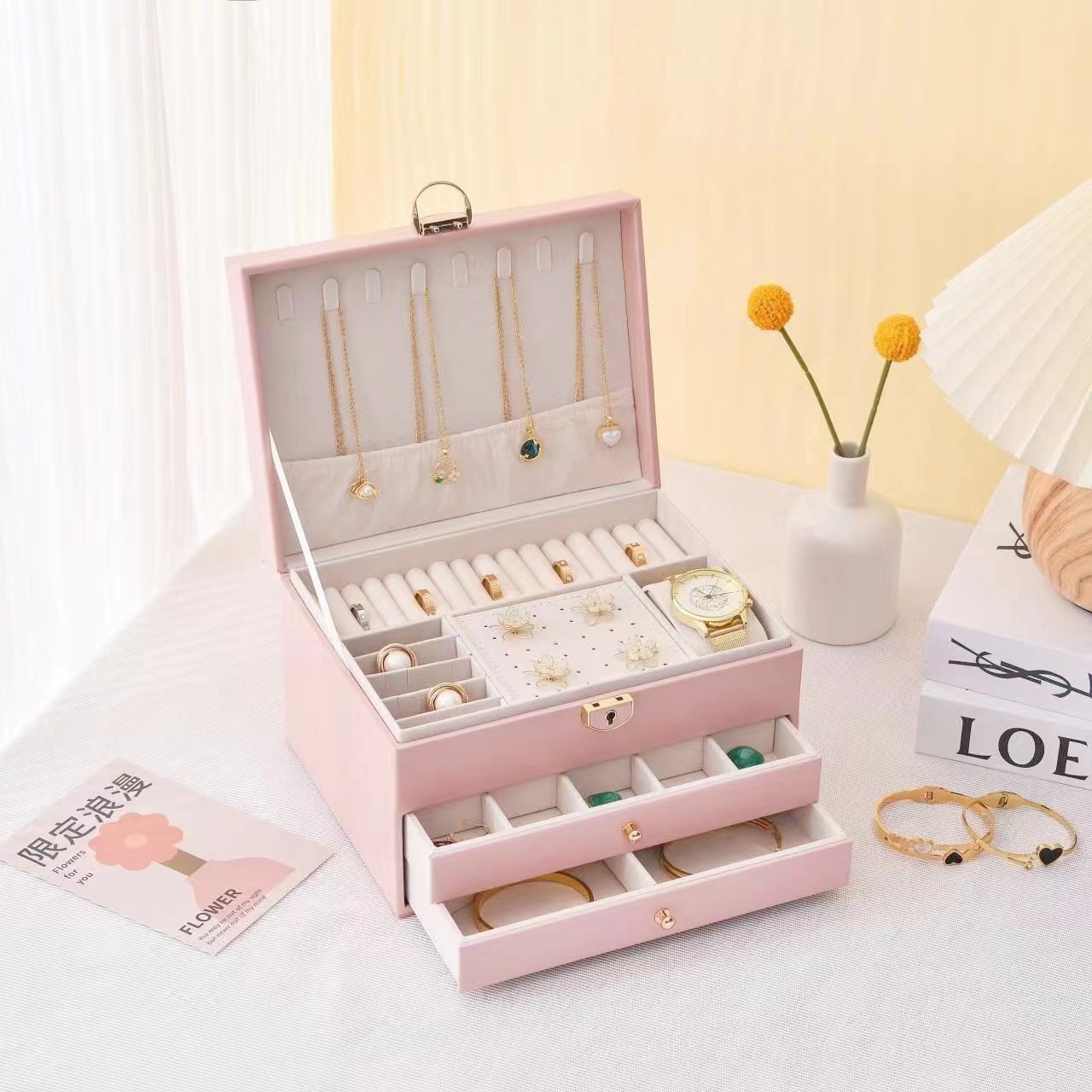 新款高档首饰盒项链耳钉手镯戒指收纳盒抽屉式三层带锁珠宝收纳箱