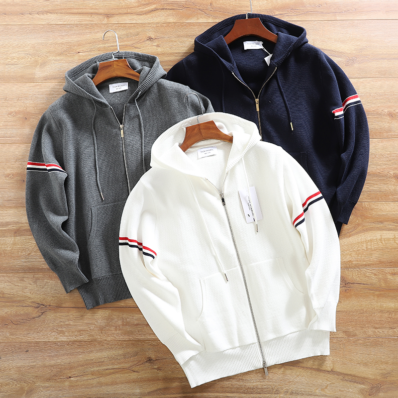 袖子织带情侣款连帽针织开衫毛衣