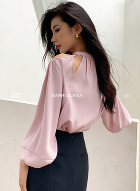 Garbociaga龍喜儿 月光白茶 设计感小众挖领露肩灯笼袖衬衫 9762