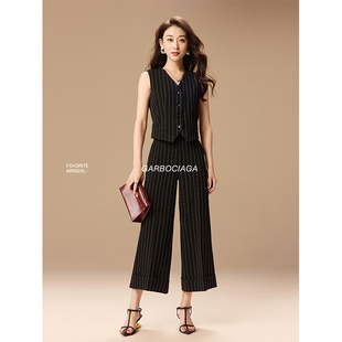 Garbociaga龍喜儿 圣地罗兰 醋酸V领马甲条纹直筒阔腿裤套装 5132