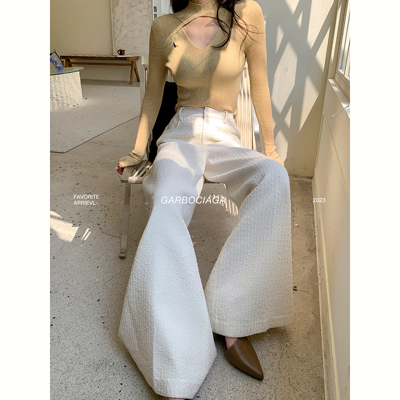 龙喜儿小香风高腰肌理感阔腿长裤