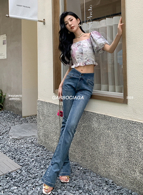 Garbociaga龍喜儿 2米腿精 腰封高腰开叉阔腿微喇叭牛仔裤 8578
