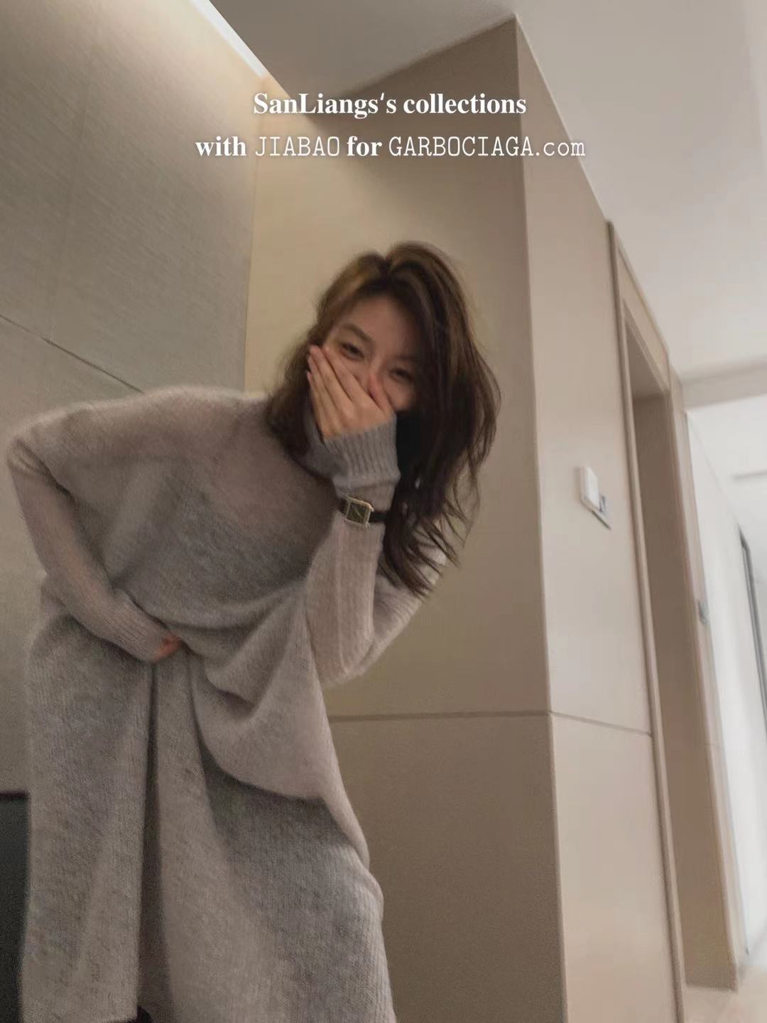 garbociaga龍喜儿  慵懒调性 中长款马海毛堆堆领针织连衣裙9038