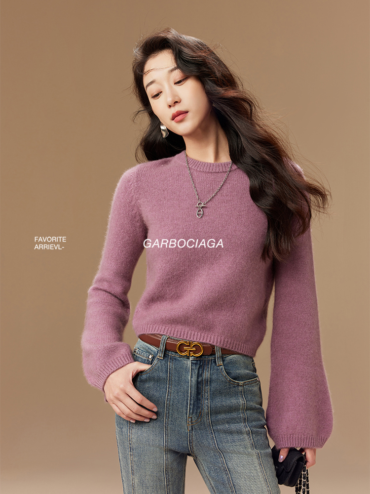 龙喜儿浣熊绒圆领套头长袖针织衫