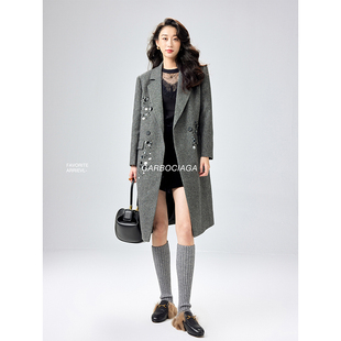 Garbociaga龙喜儿 65%绵羊毛粗纺羊毛重工手缝钉珠镶钻大衣 6572