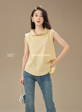 Garbociaga龍喜儿 row 简约棉麻心机嫩黄色荡领A字直筒衬衫 5300