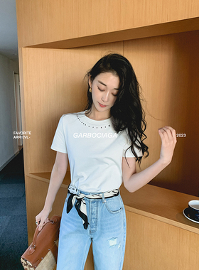 Garbociaga龍喜儿 经典百搭 白色字母丝光棉圆领纯棉短袖t恤2247