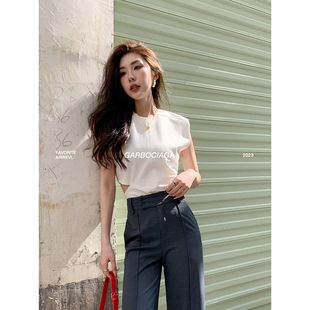 醋酸混纺宽肩直角肩时髦坎肩短袖 T恤2410 几何T Garbociaga龙喜儿