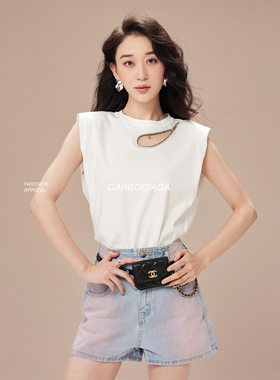 Garbociaga龍喜儿 棉莫代尔桑蚕丝手工水钻垫肩直角肩T恤 5330
