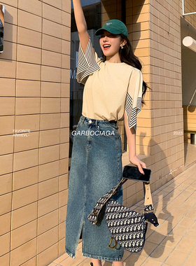 Garbociaga龍喜儿 设计感水洗牛仔蓝a字型高腰短裙半身裙子女8001