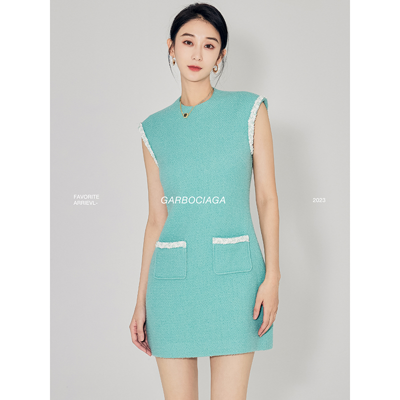 重工钉珠羊毛蒂芙尼蓝香风连衣裙