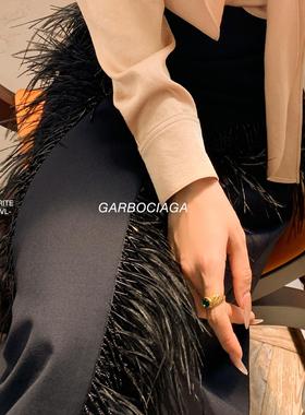 Garbociaga龙喜儿 高级重工钉珠鸵鸟毛流苏精纺绵羊毛半身裙 3878