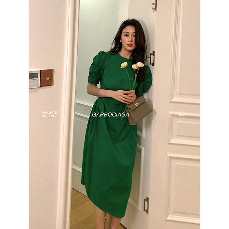 褶皱龙喜儿泡泡袖连衣裙