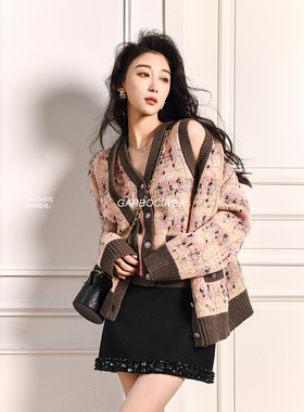 Garbociaga龍喜儿 落樱花瓣 羊毛针织V领马甲开衫外套套装5102