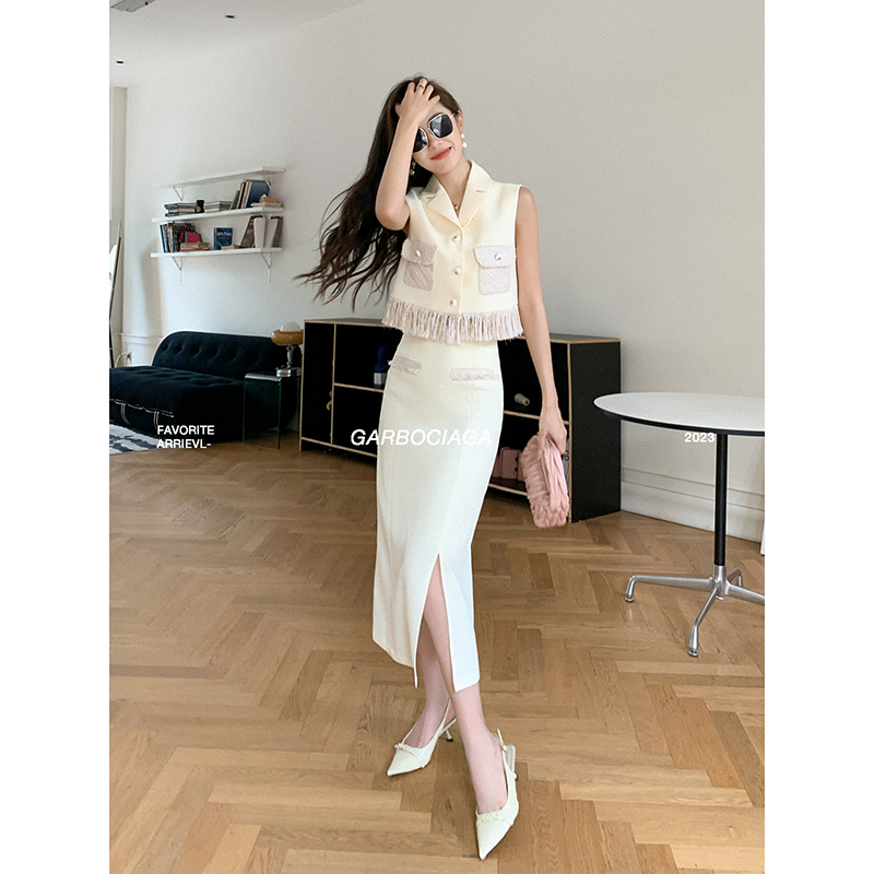 龙喜儿醋酸流苏开叉半身裙套装