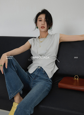 Garbociaga龍喜儿 与众不同 设计感松紧收腰无袖针织短袖T恤3206