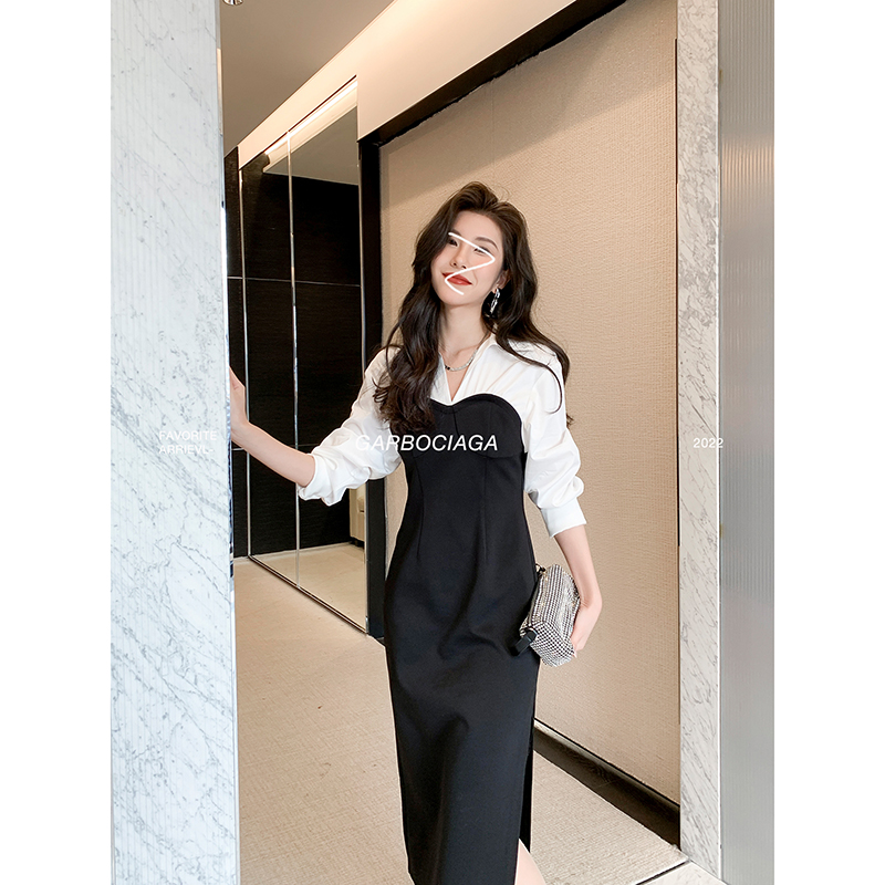 通勤连衣裙龍喜儿垂感黑白拼接