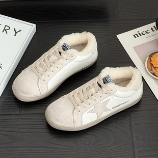 外贸工厂特价真皮星星加绒板鞋女冬季复古擦色小脏鞋休闲保暖棉鞋