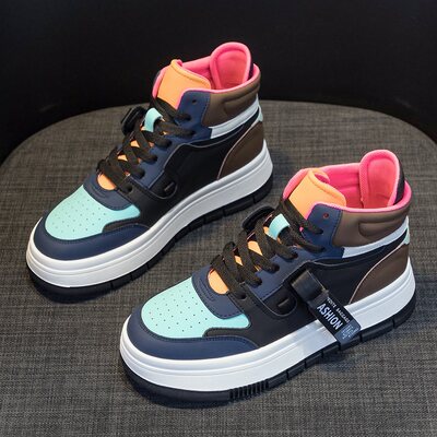 真皮平底高帮鞋女秋冬厚底板鞋潮