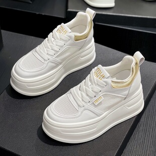 外贸工厂尾货内增高9cm厚底小白鞋女春夏真皮透气网面休闲板鞋潮