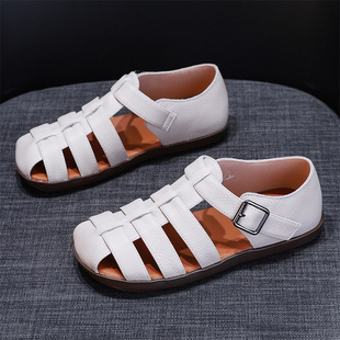 外贸工厂断码头层牛皮平底凉鞋女夏季镂空透气女鞋真皮编织猪笼鞋