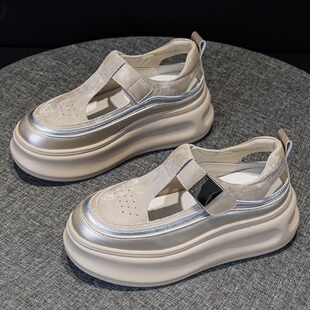 休闲女鞋 真皮镂空轻便凉鞋 女夏季 外贸原单尾货7cm厚底增高小白鞋