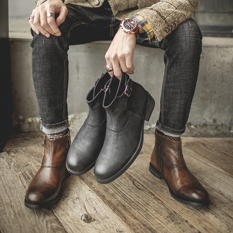 真皮切尔西靴英伦复古哈雷