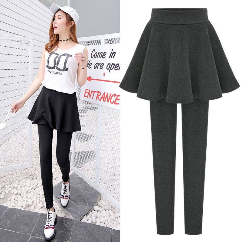 秋冬季外穿纯棉假两件打底裤裙裤女薄款韩版显瘦带裙子连裤裙大码