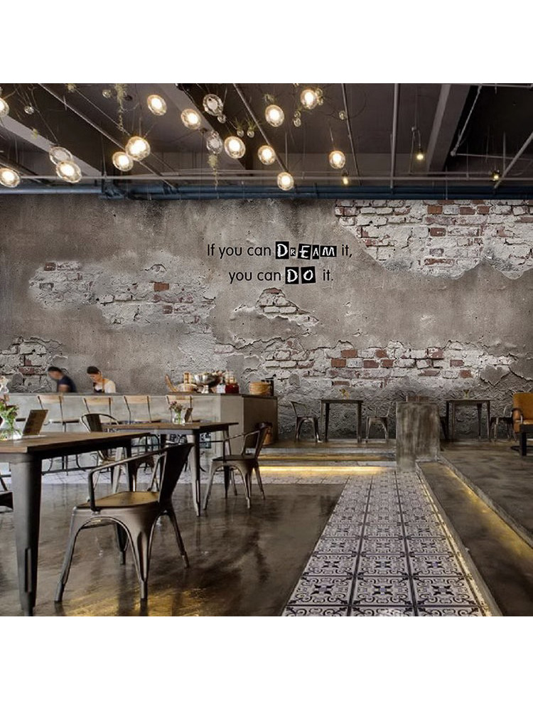 废墟战损墙壁装饰工业风格壁纸3d立体破旧水泥砖墙纸餐饮背景壁画