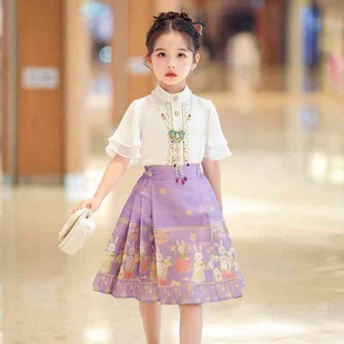 2024新款 汉服洋气中式 裙中国风女童夏季 中大童唐装 马面裙短款 套装