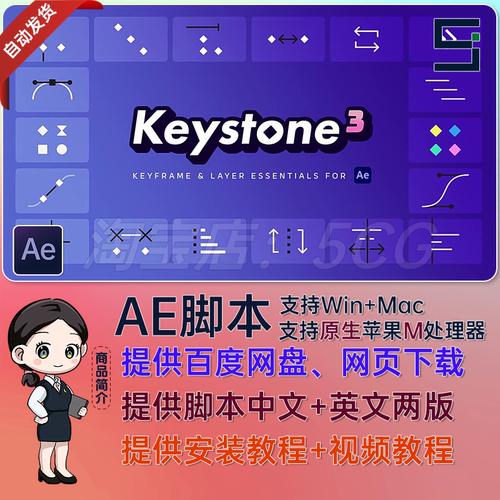 中文汉化 Keystone 3 脚本关键帧复制粘贴对齐镜像拉伸调节AE插件