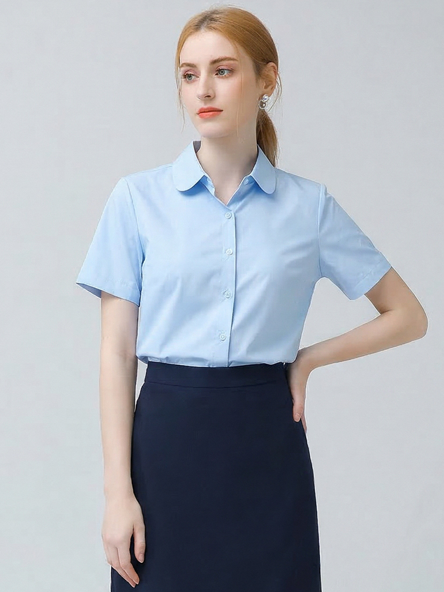 圆领职业蓝色短袖衬衫女2026夏季新款公务员面试正装工作服OL上衣