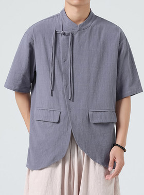 中国风夏款麻本色棉麻唐装汉服立领布扣中国风衬衫短袖休闲