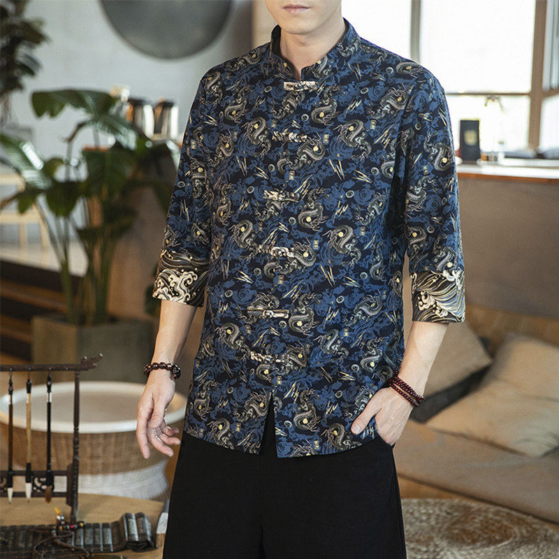中国风秋季唐装男短袖衬衫棉麻汉服立领盘扣半袖上衣龙袍大码衬衣,男装,汉服,淘宝优惠券,粉丝福利购,淘宝优惠卷
