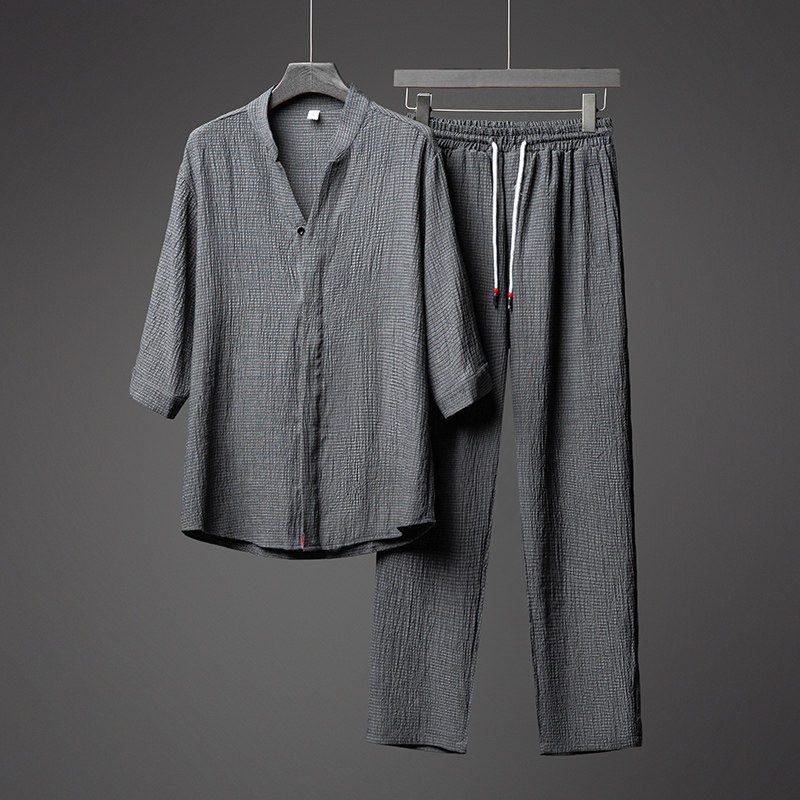 唐装夏季冰丝短袖衬衫套装青年中国风宽松轻薄透气民国男装两件套,男装,汉服,淘宝优惠券,粉丝福利购,淘宝优惠卷