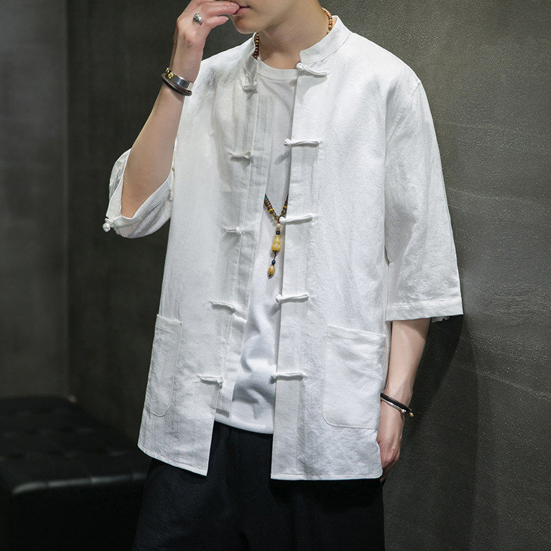 秋季薄款亚麻衬衣七分袖中式盘扣唐装男中国风青年白色衬衫居士服,男装,汉服,淘宝优惠券,粉丝福利购,淘宝优惠卷